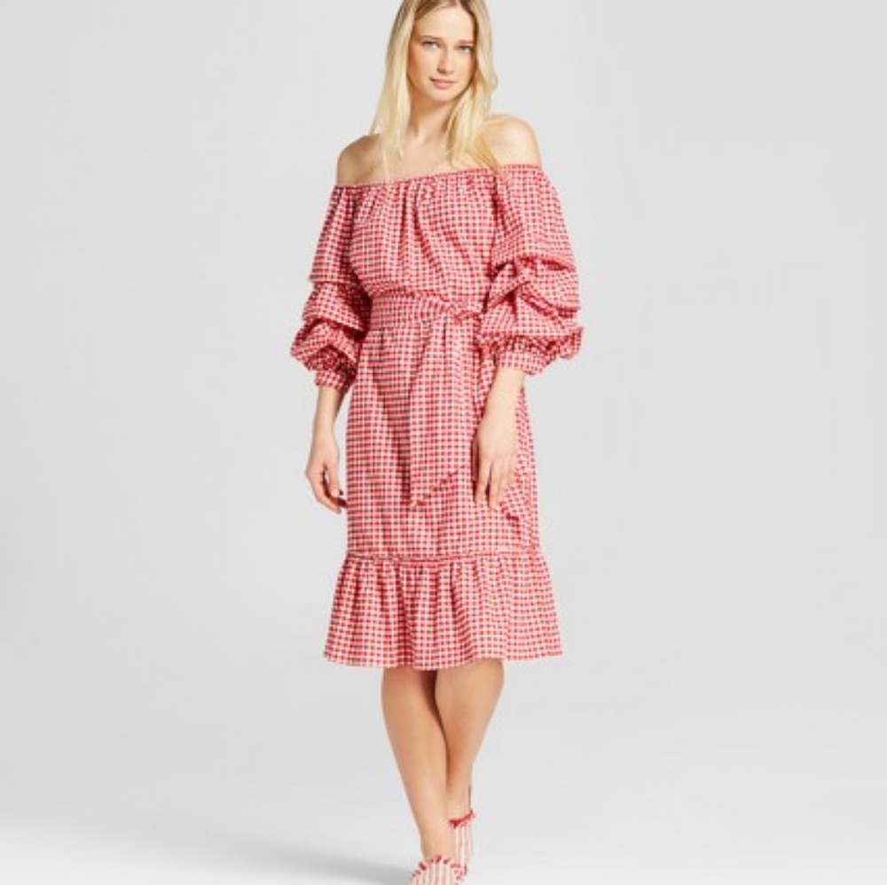 Pick up sleeve bardot dress -red